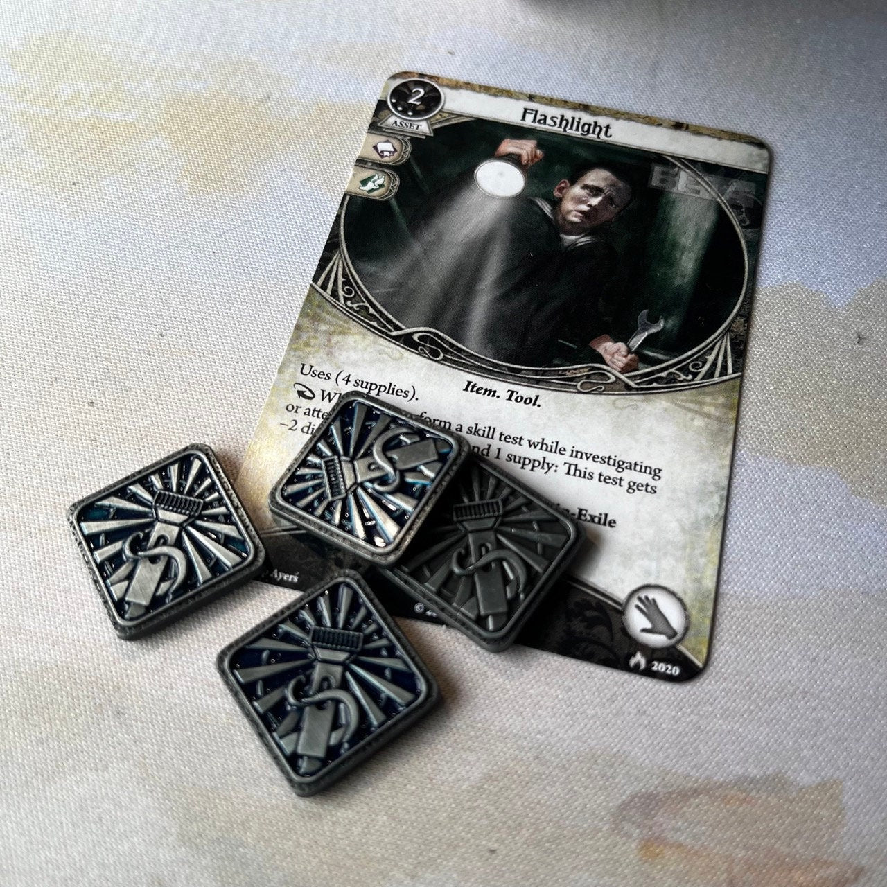 Secrets tokens for Arkham Horror LCG (metal, single-sided, mirrored) Ammo Token Keys Flash Light Stun Tokens