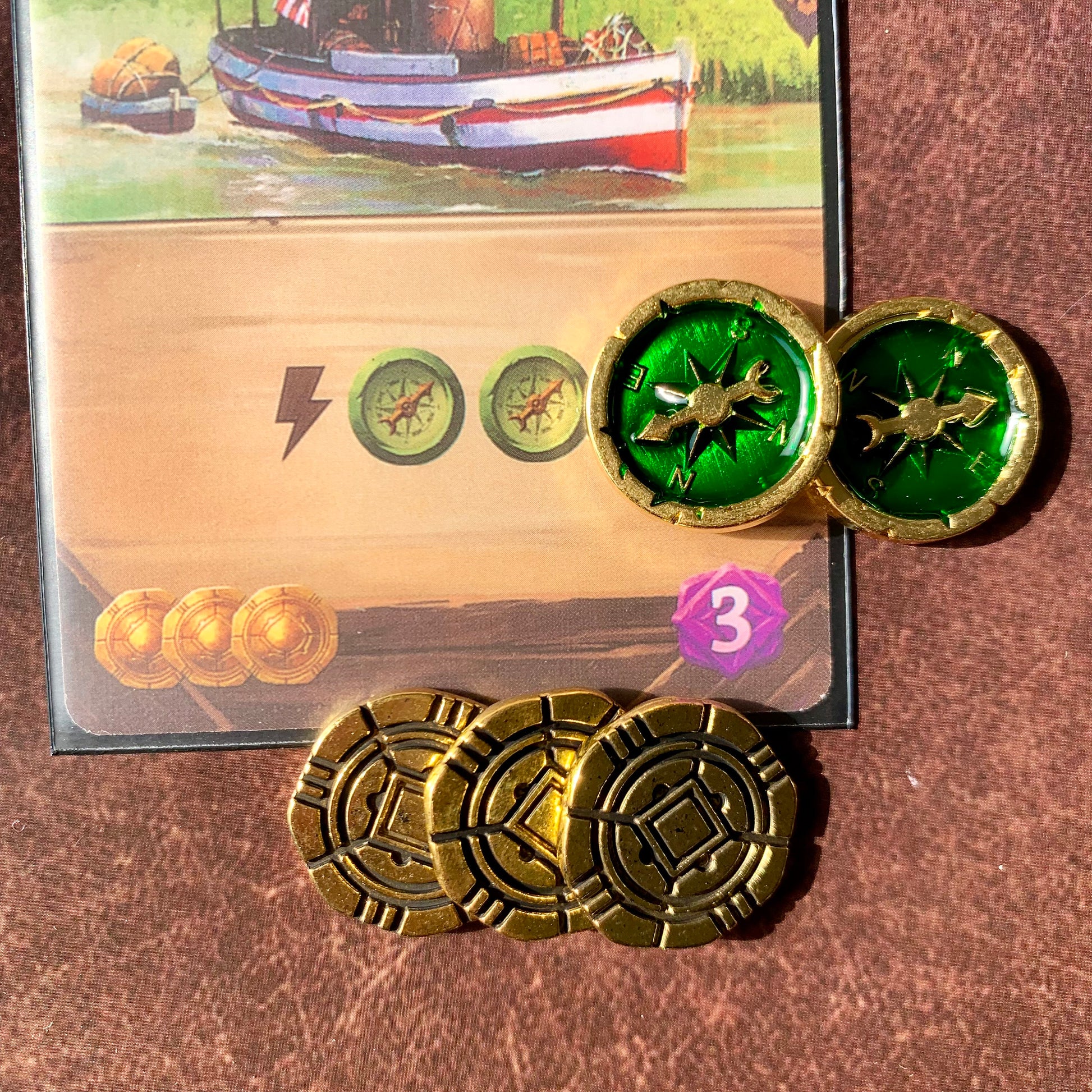 60 Metal Lost Ruins of Arnak Token Upgrade - Gold Coin and Compass, Expedition Map Token, Scythe Encounter Tokens