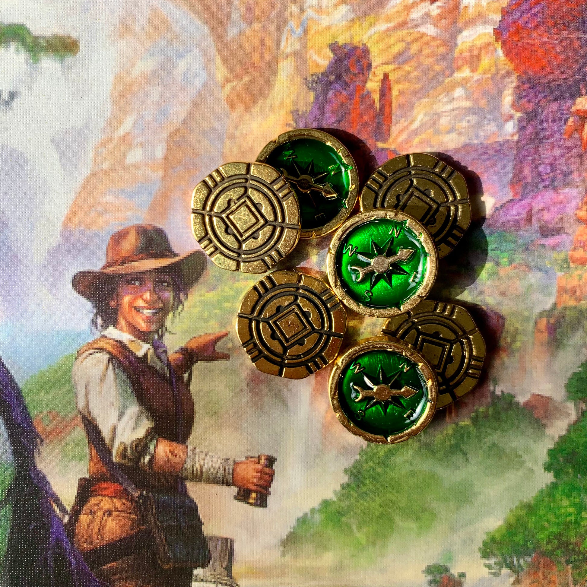 60 Metal Lost Ruins of Arnak Token Upgrade - Gold Coin and Compass, Expedition Map Token, Scythe Encounter Tokens