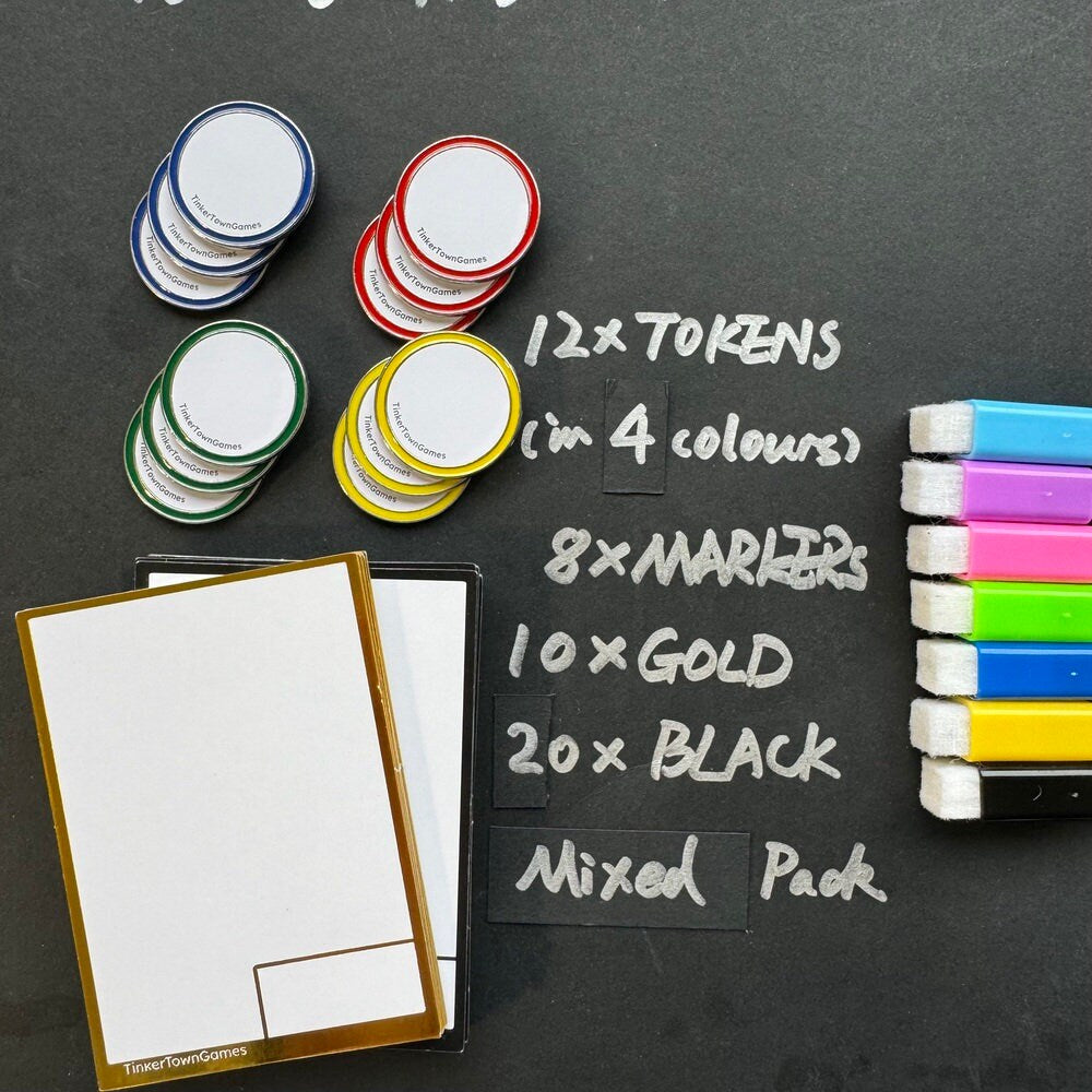 Dry Erase Tokens and Cards Bundle, Storage Box and Free Marker Included