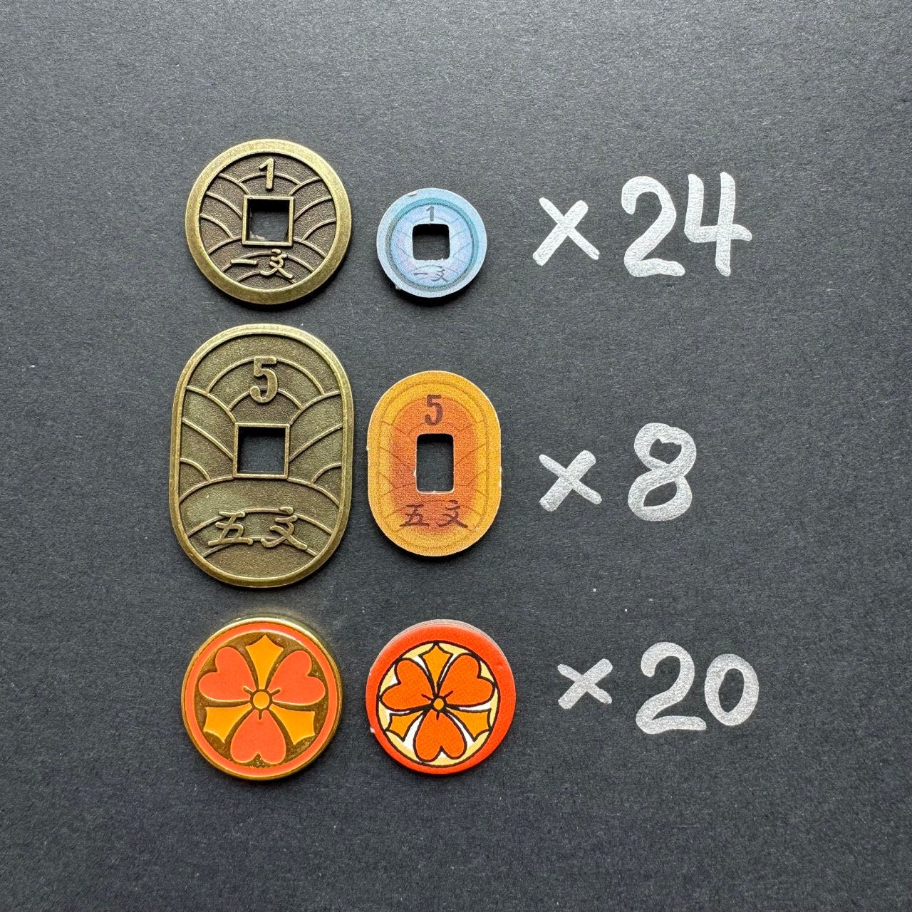 52 The White Castle, Rising Sun Metal Coin, Board Game Token Upgrades (Double-sided) 白鷺城トークン Japanese Mon