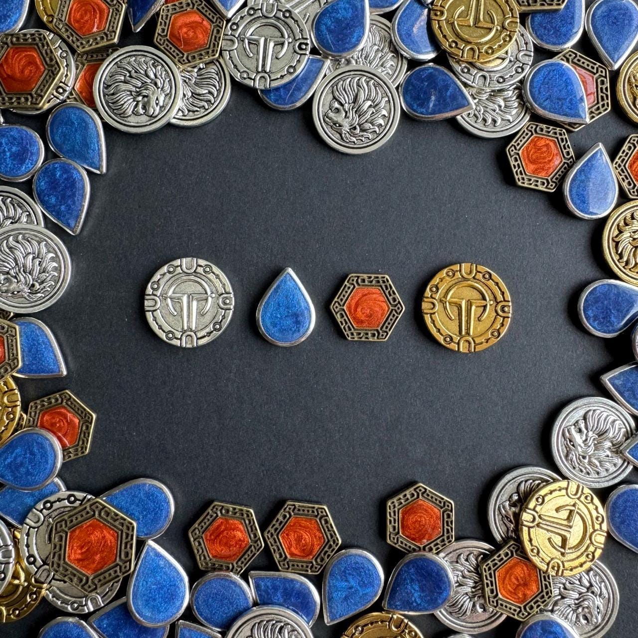 77x Dune Imperium Uprising Metal Token Upgrade, Water, Solari, Spice and Maker Hooks Tokens, Double-sided